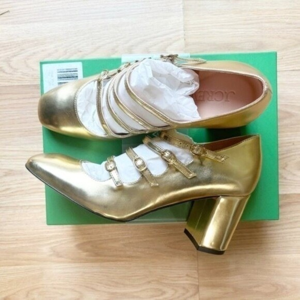 J.Crew Gold Metallic Leather Multi-Strap Mary Jane Block Heel Pumps | Size 8 - Picture 11 of 12